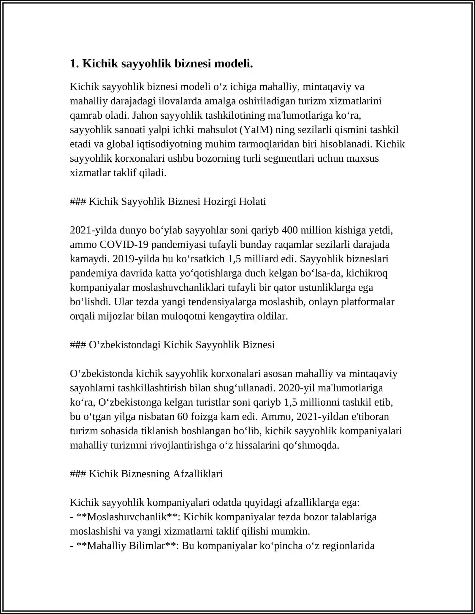 Kichik sayyohlik biznesi modeli 3