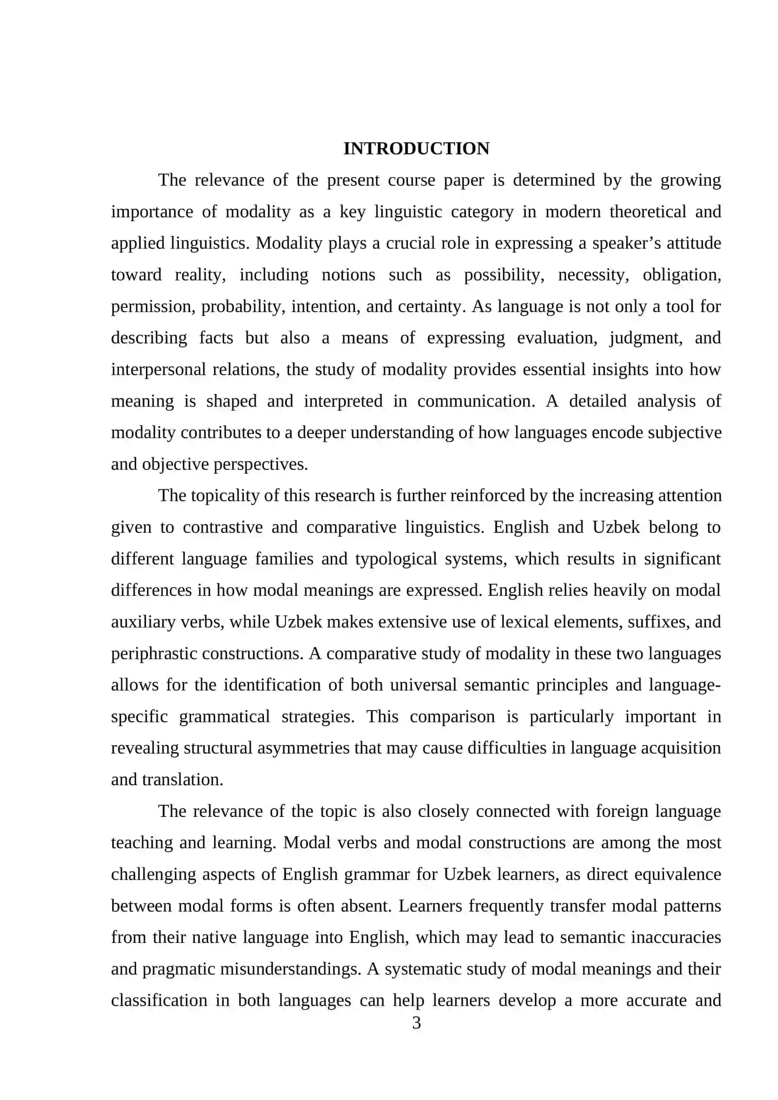 THE MODALITY: A COMPARATIVE STUDY OF MODAL VERBS AND IN AND MODAL MEANINGS IN UZBEK 3