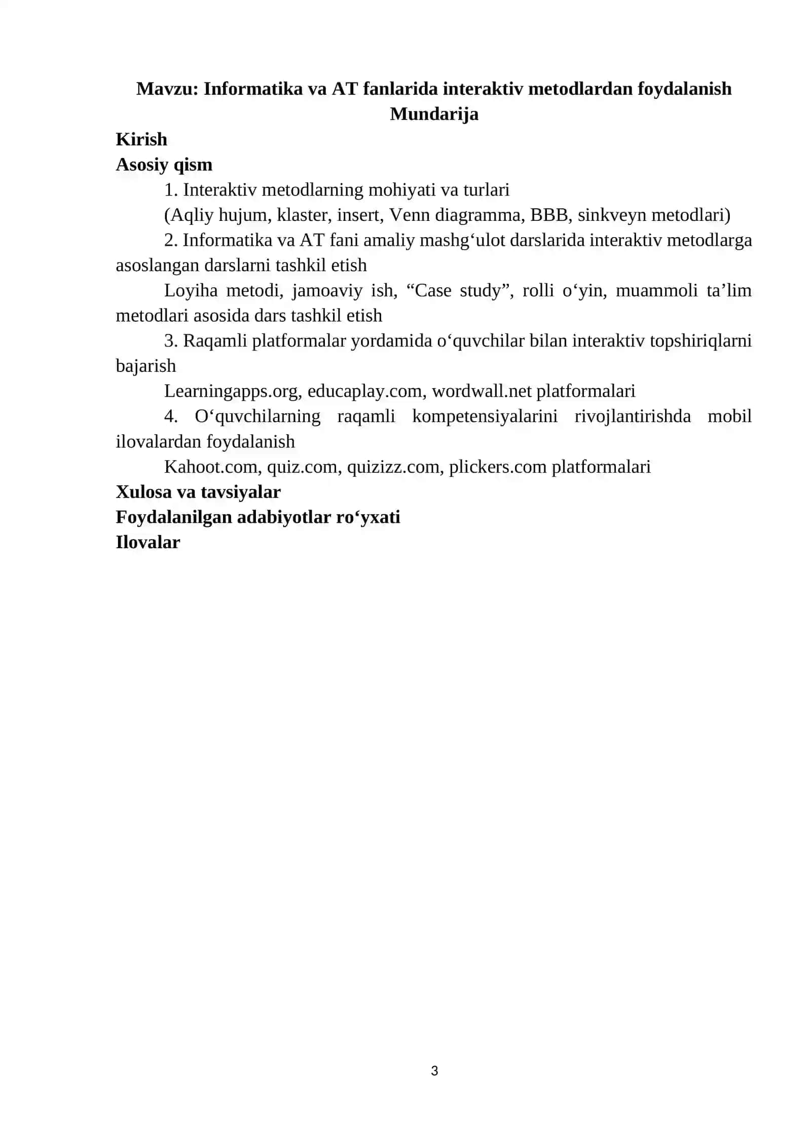 “Informatika va AT fanlarida interaktiv metodlardan foydalanish” mavzusidagi L O Y I H A I SH I 3