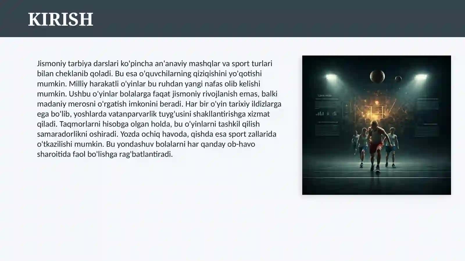 JISMONIY MADANIY HARAKATINING TURLI TAQMORLARIDA MILLIY HARAKATLI O`YINLARNI TASHKIL QILISH 3