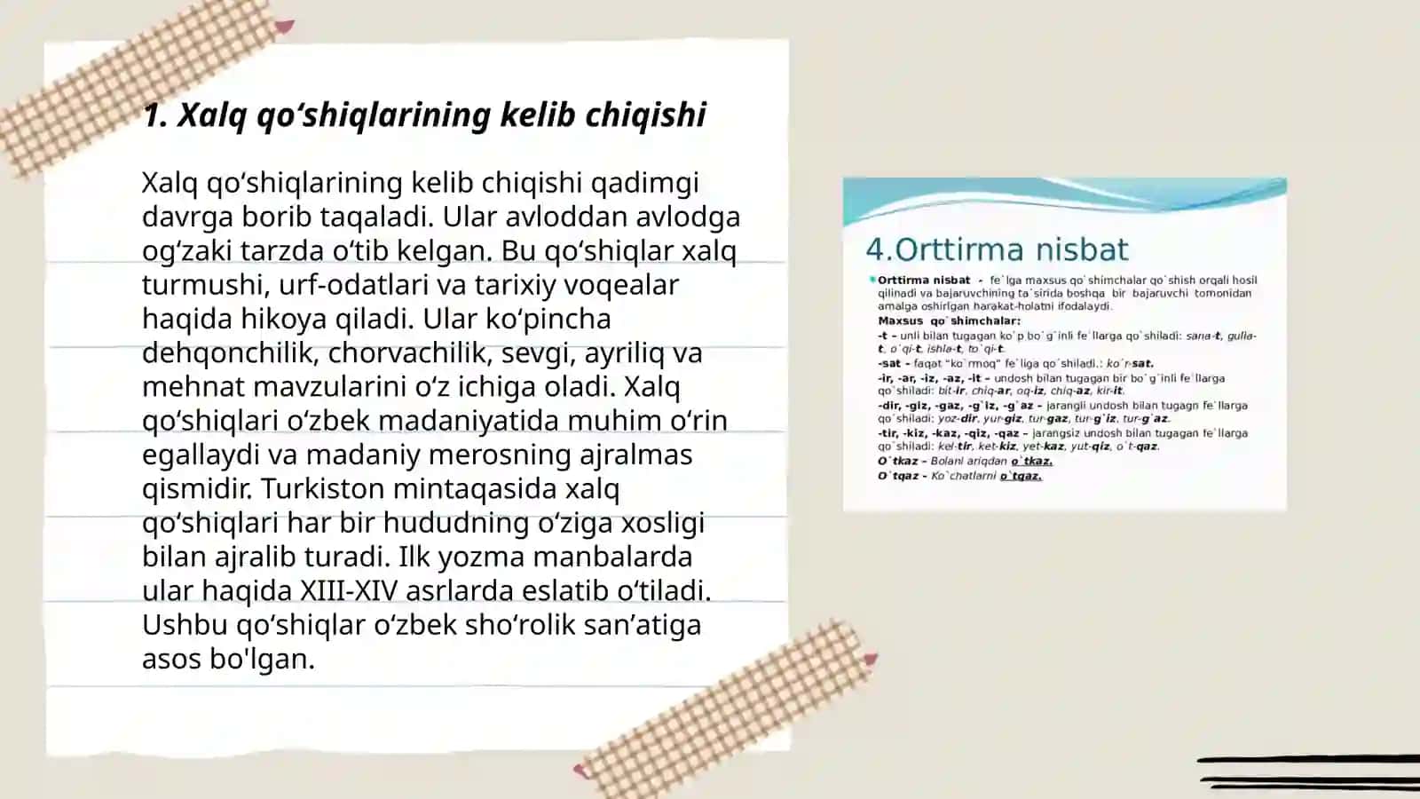 Xalq qoʻshiqlari va cholgʻu kuylari.Lirik musiqada ohang ritmik shakl hususiyatlari 3