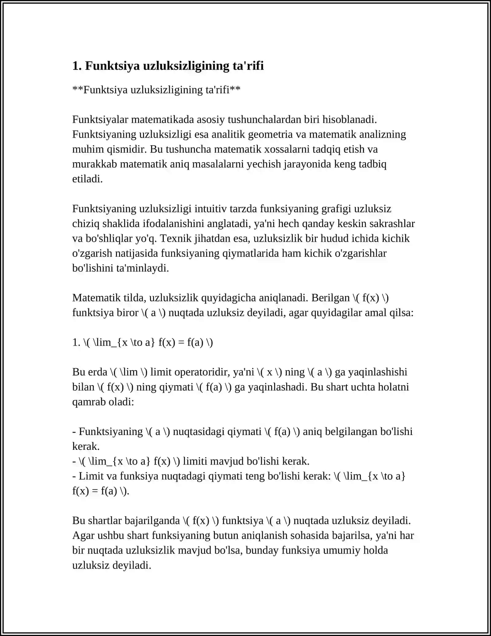 FUNKSIYA UZLUKSIZLIGINI ANIQLASHDA BIR TOMONLAMA LIMITLAR 3