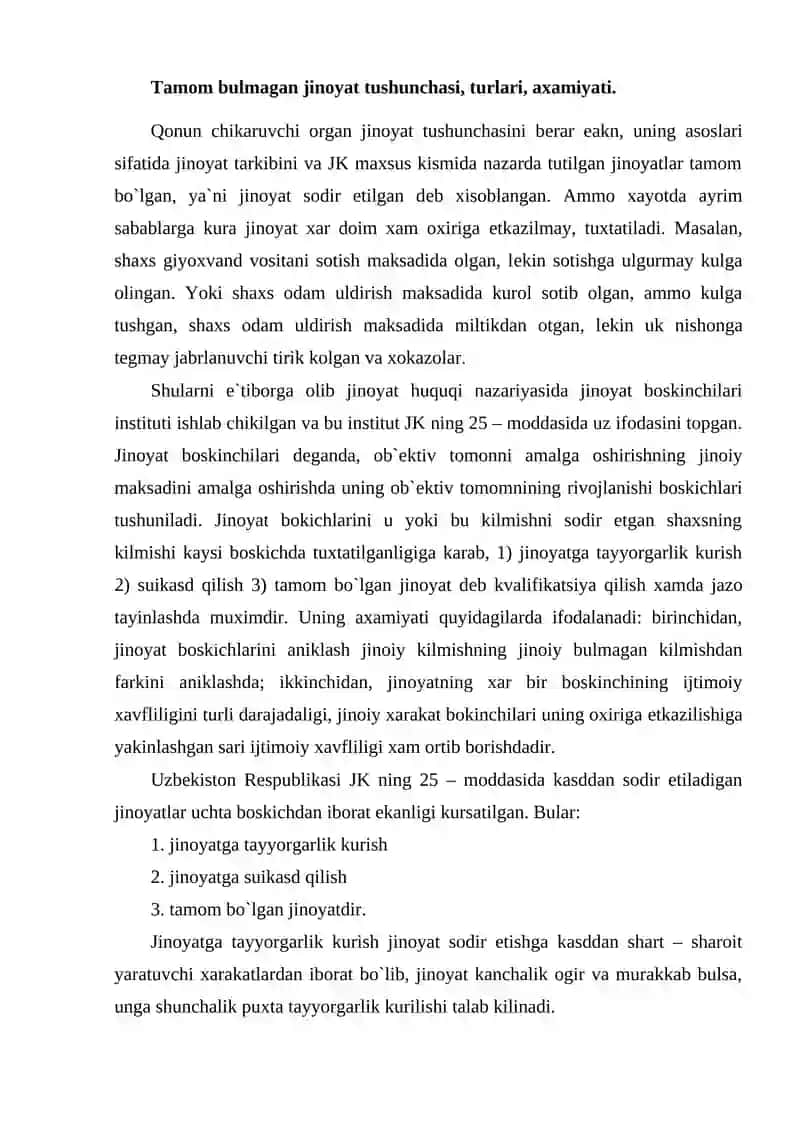 Tamom bo`lmagan sodir etilgan jinoyat uchun jazo tayinlash 3