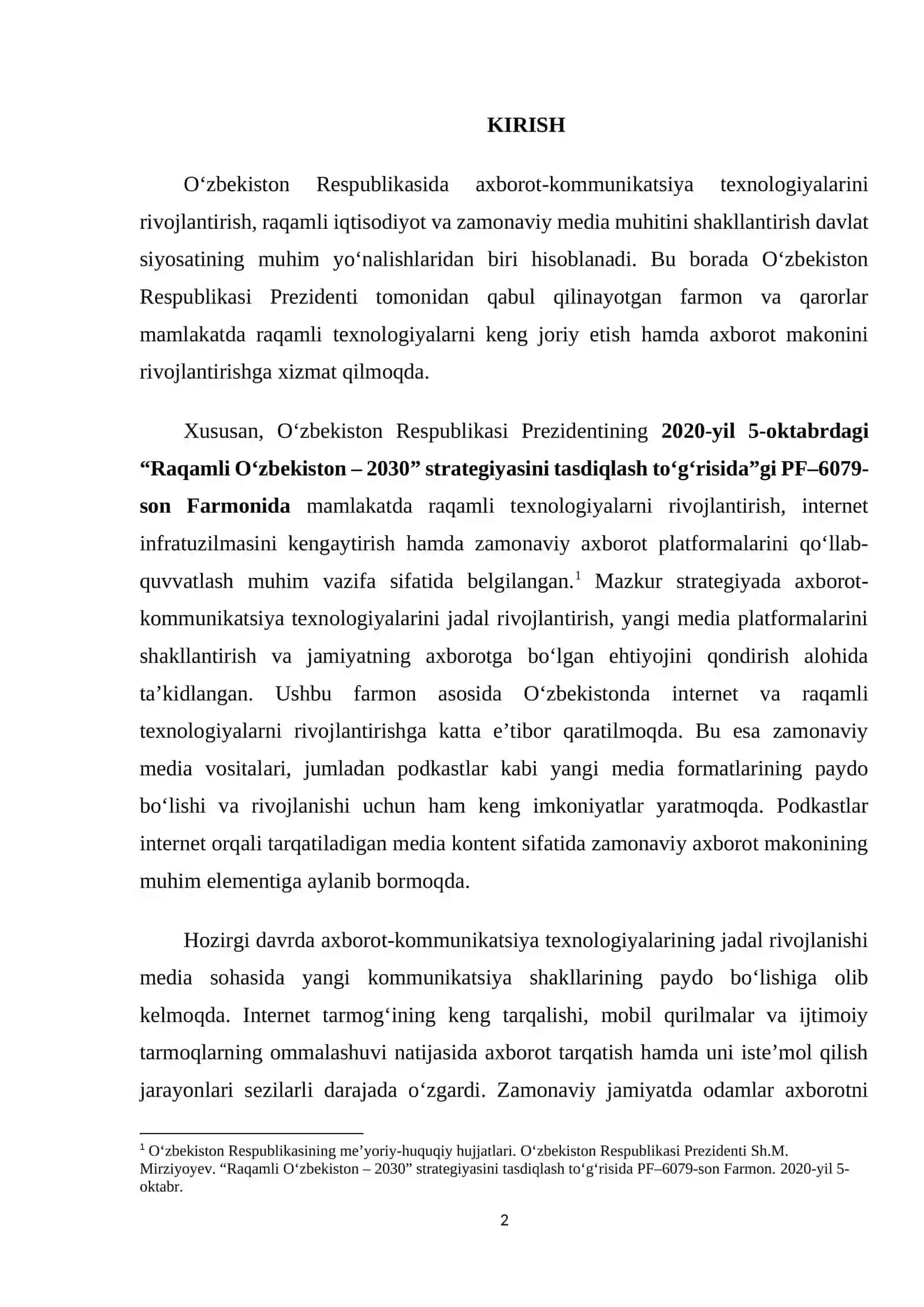 BMI (bitiruv malakaviy ish) O‘ZBEK SEGMENTIDA PODKASTLARNING PAYDO BO‘LISHI VA RIVOJLANISHI: MAVZU, FORMAT, YONDASHUV 3