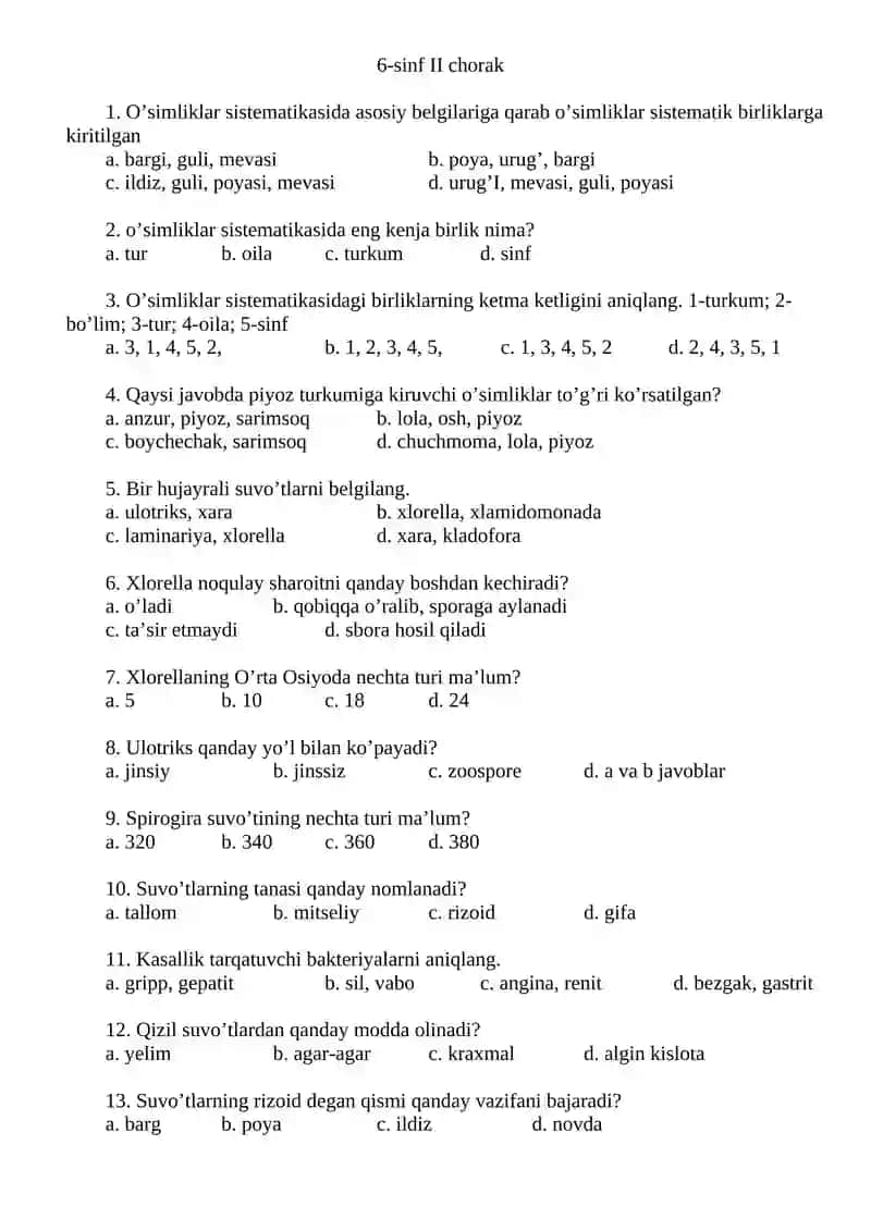 Bilimlar bellashuvi 6-sinf test 3