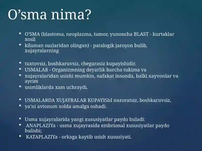 Kanserogen agentlar va ularning hujayralar bilan o‘zaro tasiri. O‘sma immuniteti. 3