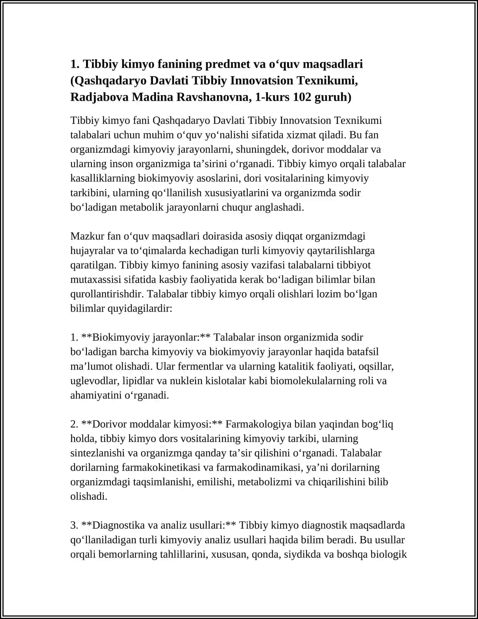 TIBBIY KIMYO FANI NIMANI O'RGANADI QASHQADARYO DAVLATI TIBBIY INNOVATSION TEXNIKUMI 3