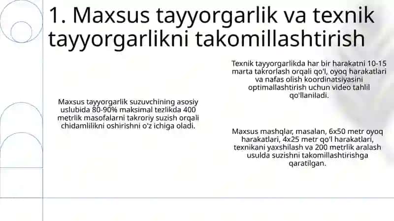 Sport mahoratini takomillashtirish bosqichida mashg‘ulotlarni tashkil etish (suzish) 3