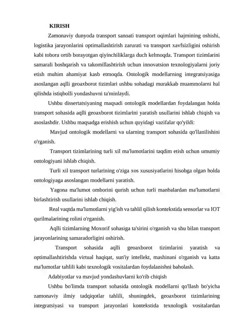 Ontologik modellar integratsiyasi asosida transport sohasida intellektual geoaxborot tizimlarini yaratish modellari va vositalari 3
