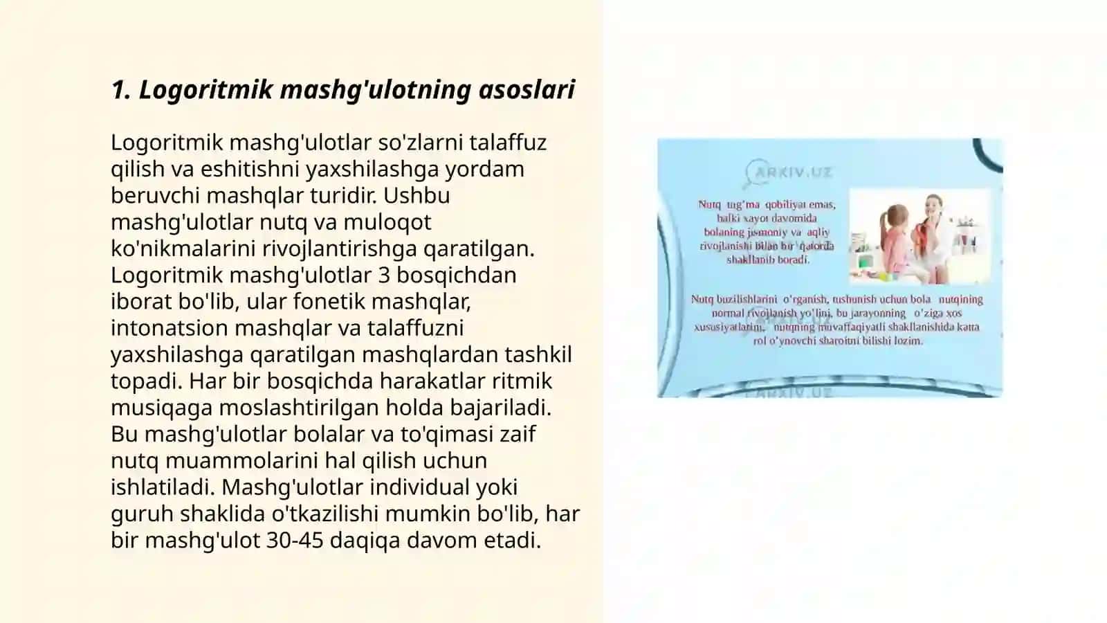 Tarbiyachi va musiqa rahbari ótkazishi mumkin bólgan logoritmik mashg'ulotning konspekdtini tuzing 3
