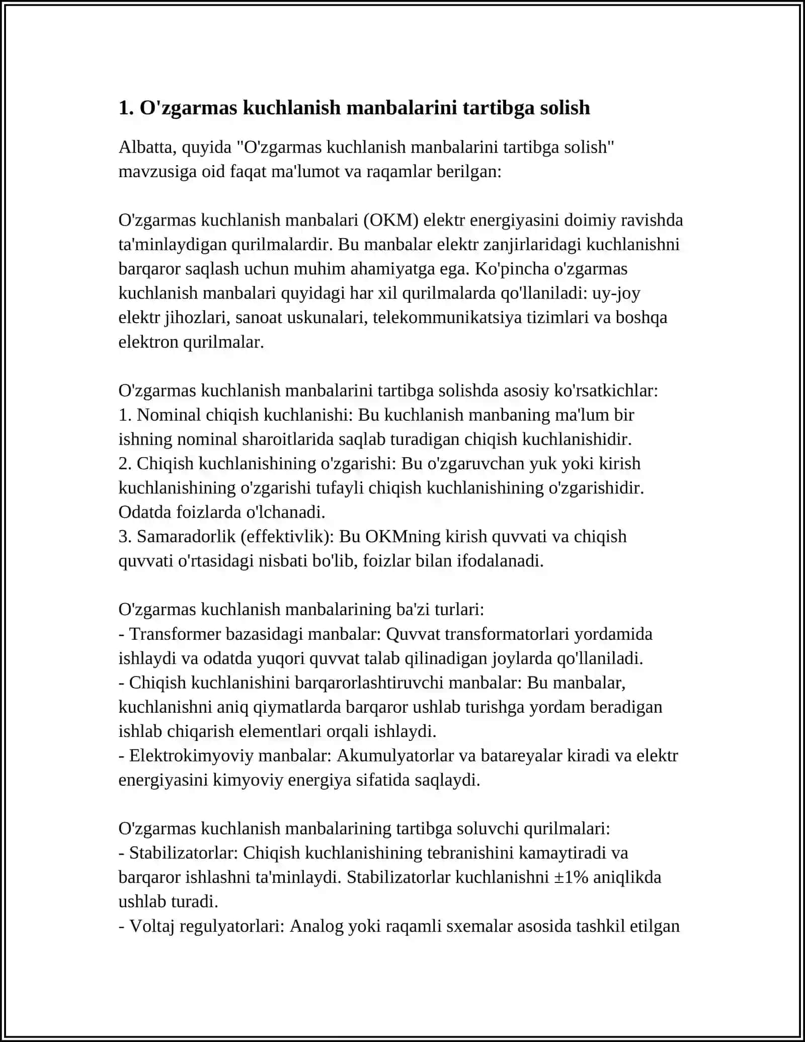 O‘ZGARMAS KUCHLANISH SATHINI SILJITISH QURILMASI 3