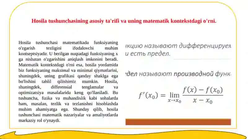 Hosila tushunchasi. Hosilani hisoblash qoidalari. Uning geometrik va mexanik maʼnolari 3