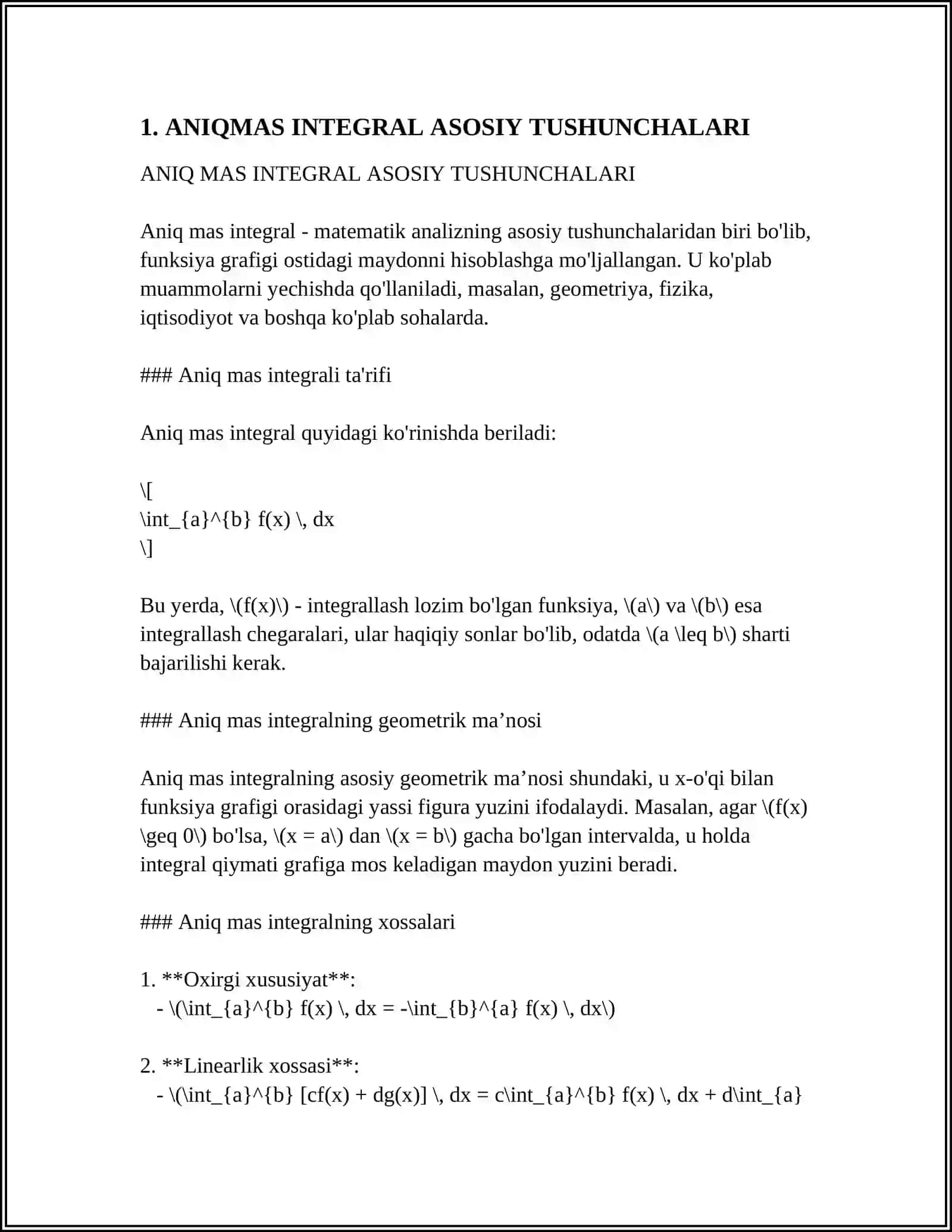 ANIQMAS INTEGRAL. BEVOSITA VA DIFFERENSIAL BELGISI OSTIDA KIRITIB INTEGRALLASH 3