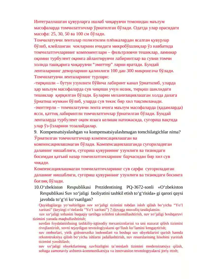 Gidromelioarativ tizimlardan foydalanish fanidan DAK savollar to’plami 3
