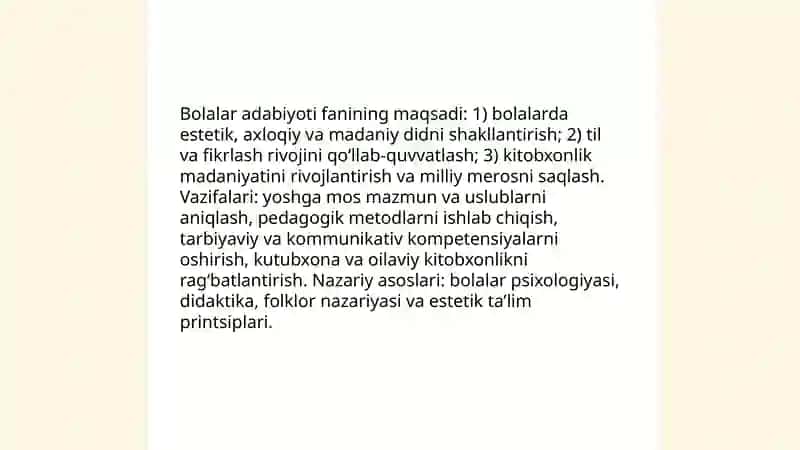 Bolalar adabiyoti fanining maqsad va vazifalari, bolalar kitobxonligi 3