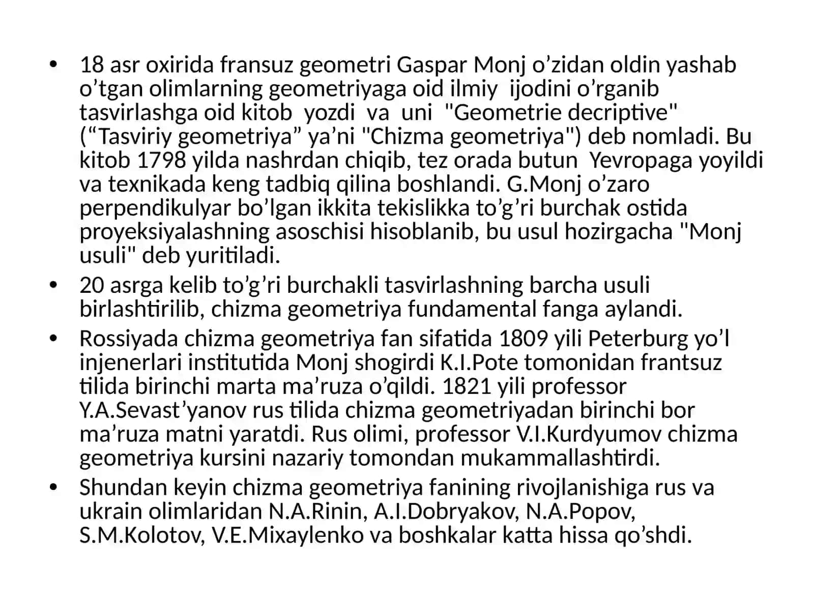 Chizma geometriya va uning vazifalari. Markaziy va parallel proyeksiyalash usullari. Parallel proyeksiyalashning asosiy xossalari. Nuqtaning fazodagi o’rnini  proyeksiyalari bo’yicha aniqlash 3