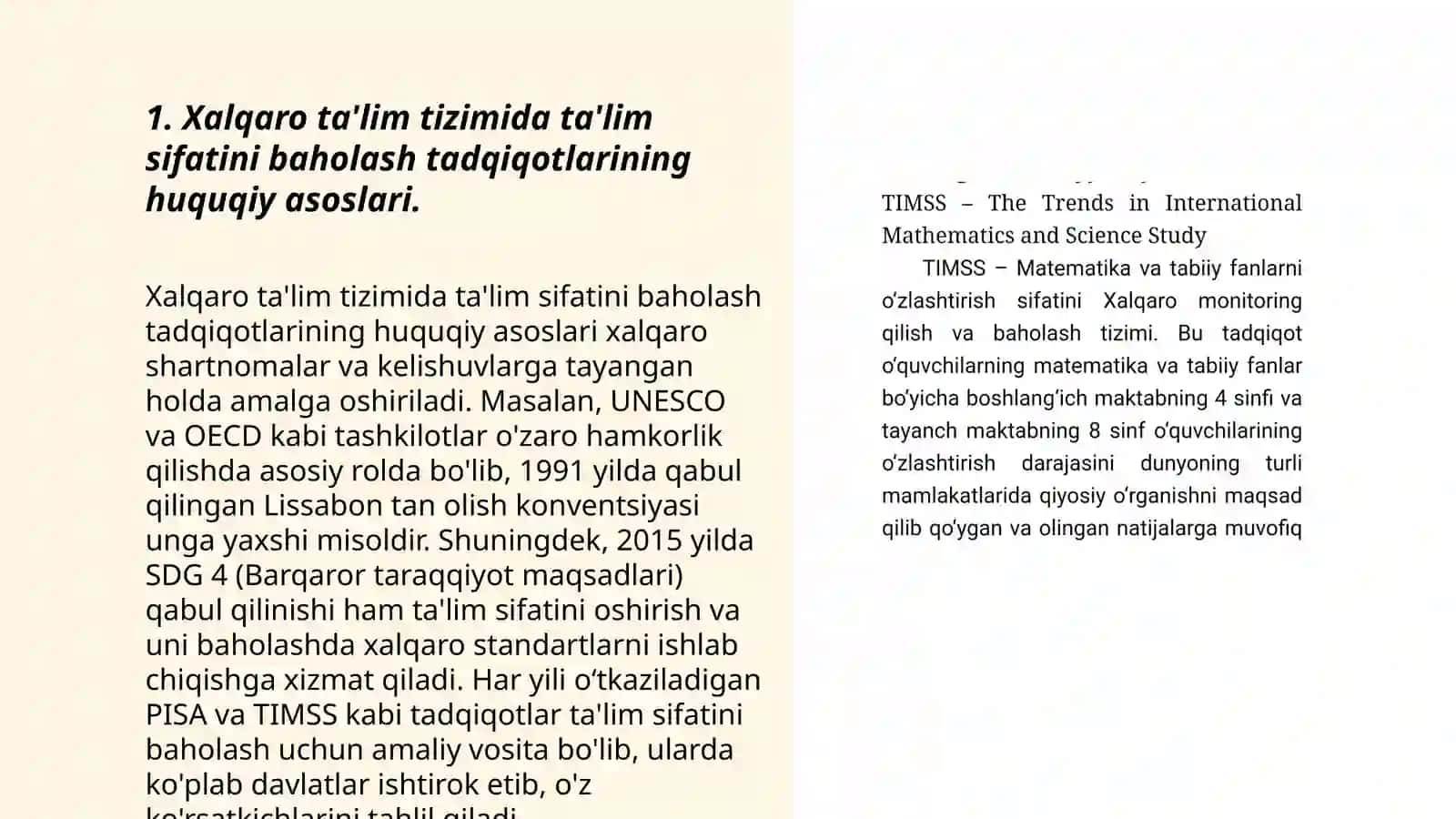 Xalqaro taʼlim tizimida taʼlim sifatini baholash boʻyicha xalqaro tadqiqotlarni(PISA,TIMSS,PIRLS,TALIS) joriy etishning meyoriy huquqiy asoslari, asosiy maqsadlari va chora tadbirlari 3