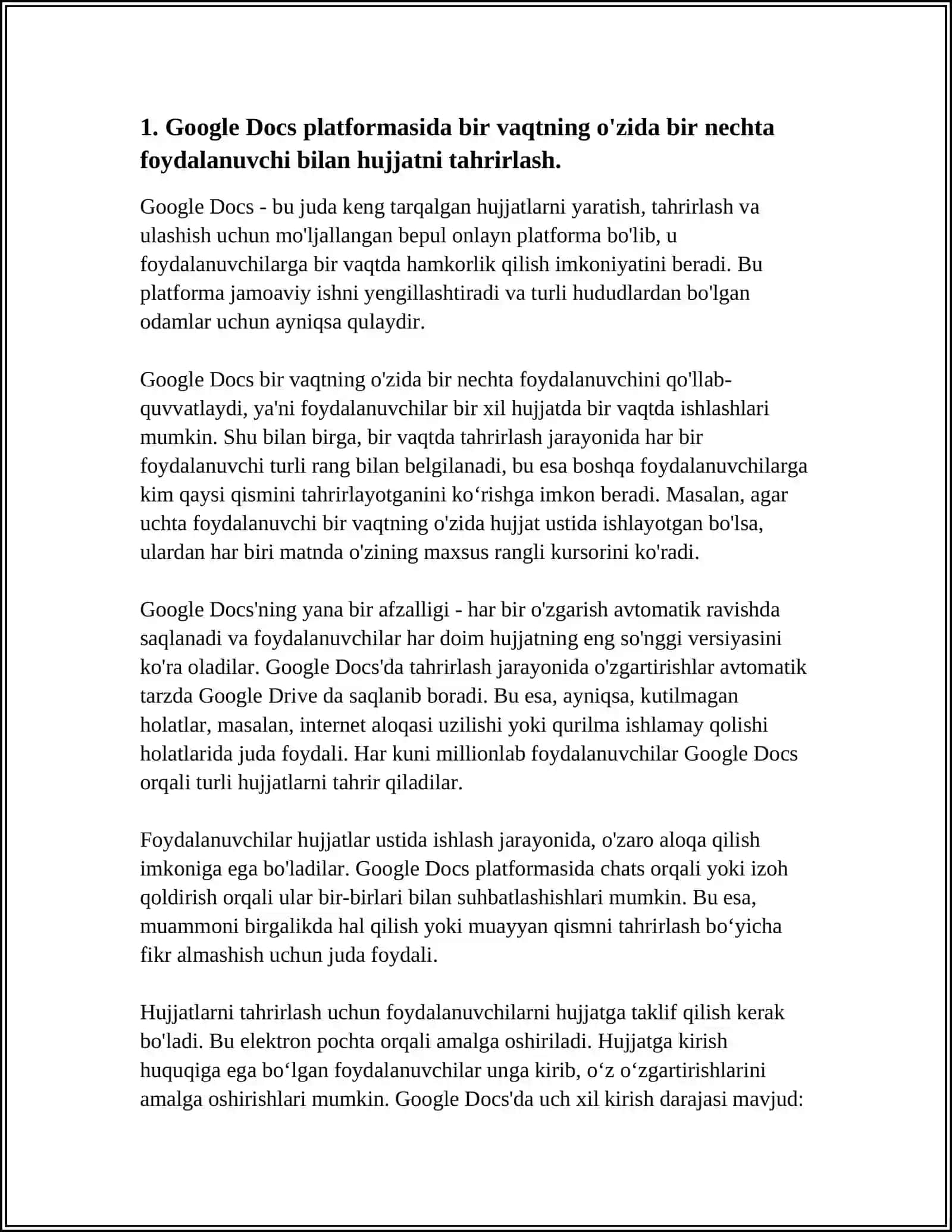 GOOGLE DOCS PLATFORMASIDA “BIR VAQTDA BIR HUJJAT USTIDA BIR NECHA FOYDALANUVCHI BILAN XAMKORLIKDA ISHLASH IMKONIYATI” 3