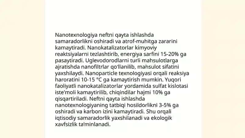 Neftni qayta ishlashda nanotexnologiyadan foydalanish. Neft mahsulotlarining Davlat standartlari 3