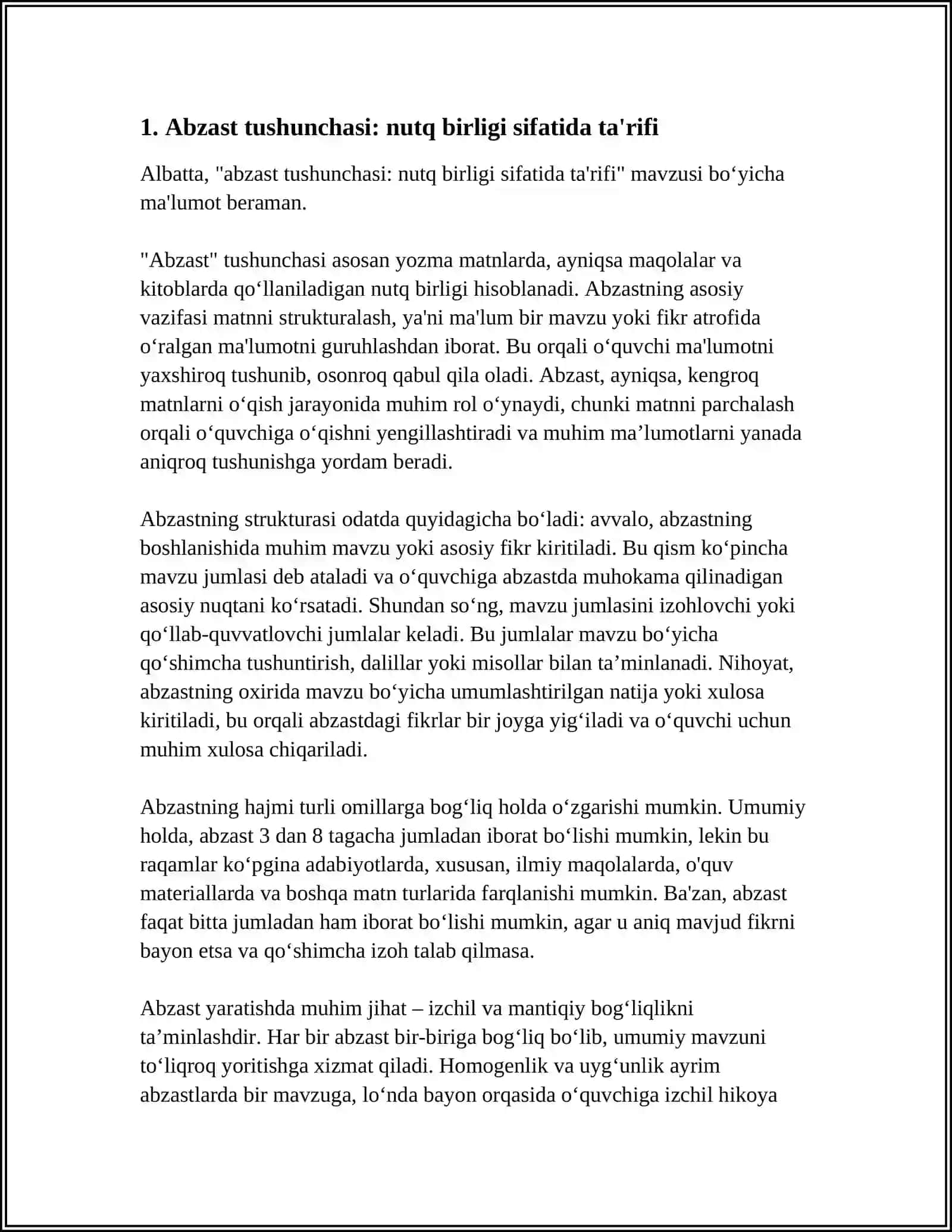 ABZASTNING NUTQ BIRLIGI SIFATIDAGI TAVSIFI VA ABZAST SATH XUSUSIDA 3