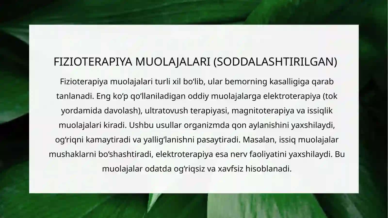 SODDALASHTIRILGAN FIZIOTERAPIYA MUOLAJALARI. FIZIOTERAPIYA BO'LIMIDAGI MUOLAJA XONALARI, ULARNING JIHOZLANISHI, YURITILADIGAN ASOSIY HUJJATLAR BILAN ISHLASH 3