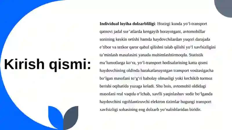 Mashina oldidagi masofani o‘lchab, xavfli holatda ogohlantirish beruvchi tizim yaratish taqdimot 3