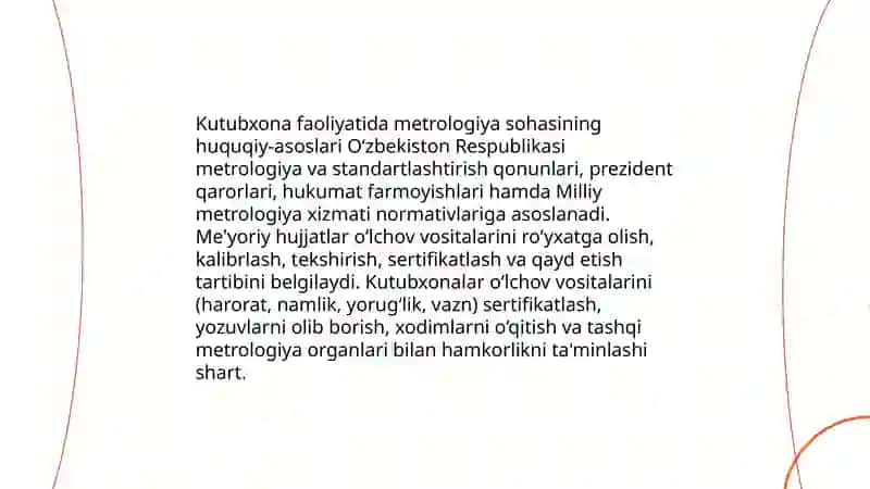 Kutubxona -axborot faoliyatida metrologiya sohasidagi meyoriy huquqiy hujjatlarni ishlanishi va amaliyotga tatbiq etilishi 3
