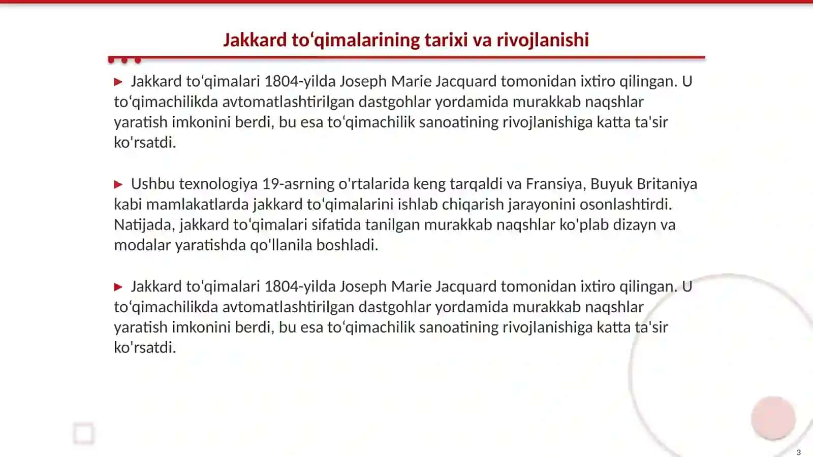 Jakkard to‘qimalarini taxlash bo‘yicha ma’lumotlar(to’qimachilik) 3