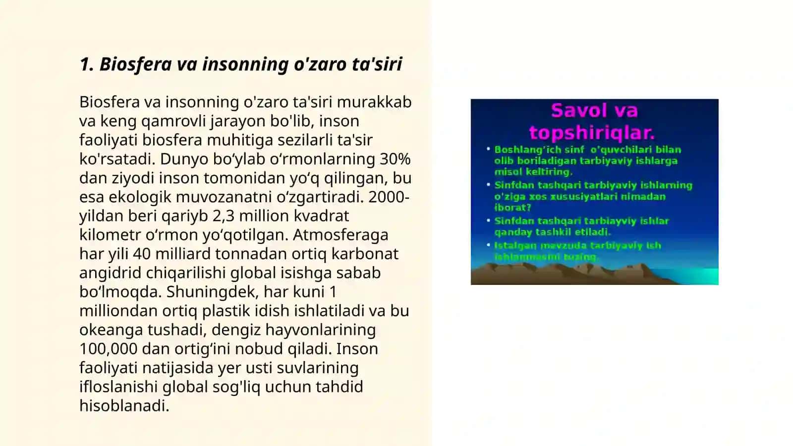 Biosfera va odam muammoli topshiriqlar viktorina savollar tayyorlash va taqdimotini o`tkazish 3