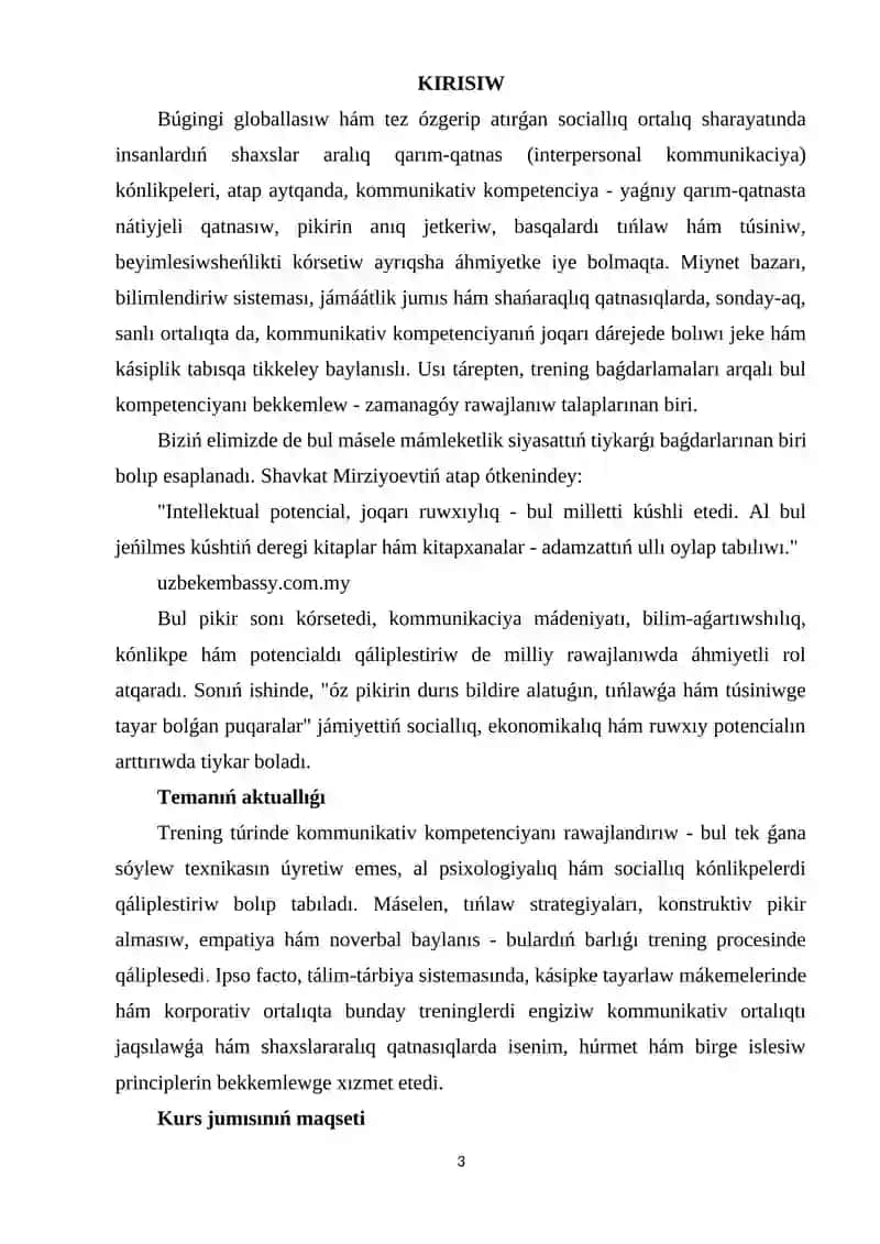 Kommunikativ kompetenciyanı rawajlandırıwǵa baǵdarlanǵan trening 3