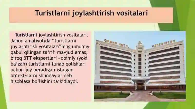Taqdimot. Mavzu: Turizmda joylashtirish va ovqatlantirish sektori. 3