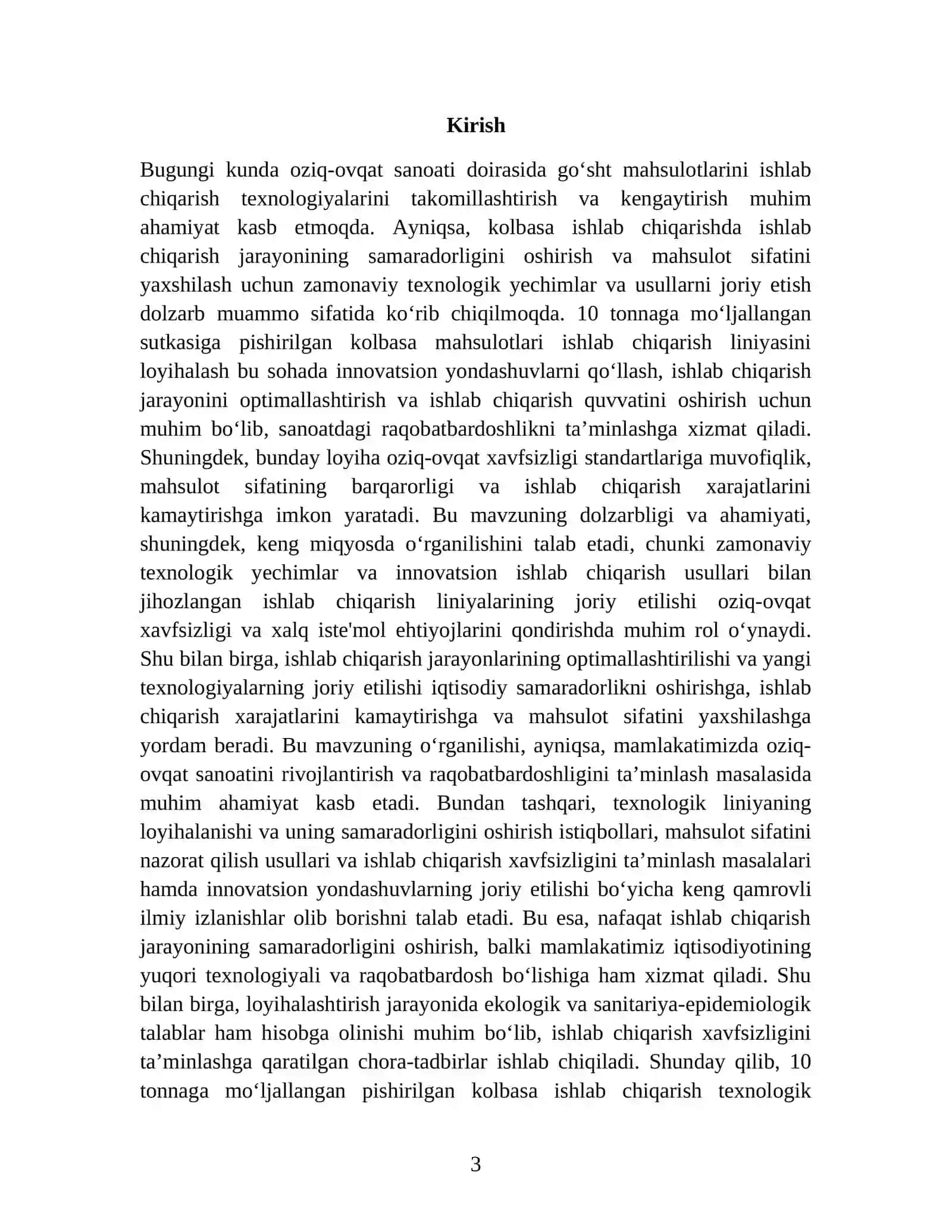 SUTKASIGA 10 TONNA PISHIRILGAN KOLBASA MAHSULOTLARI ISHLAB CHIQARISH TEXNOLOGIK LINIYASINI LOYIHALASH 3