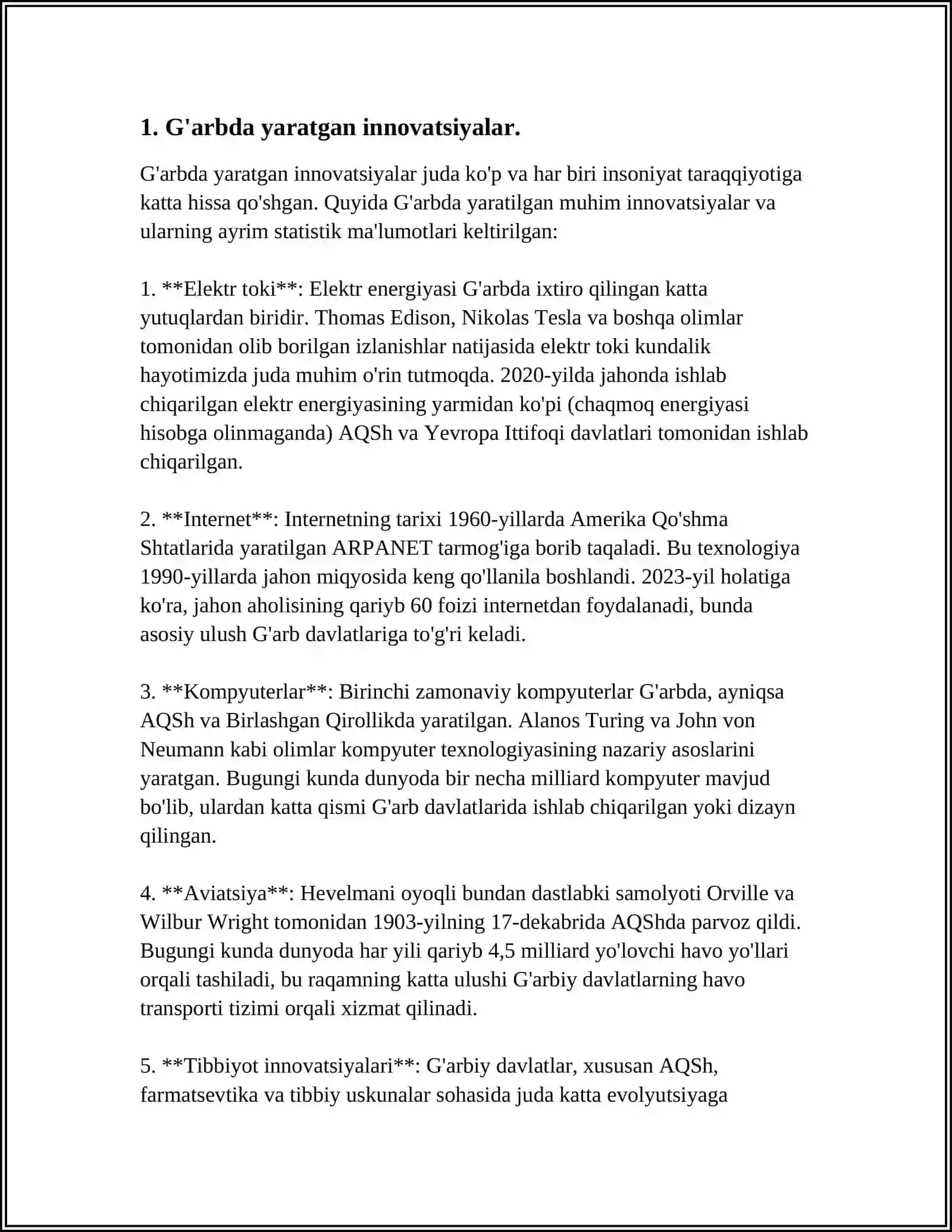 REFERAT Mavzu: G'ARBDA 5TA VA SHARQDA 5TA KREATIVLIKKA QO'SHGAN OLIMLARGA MISOLLAR 3