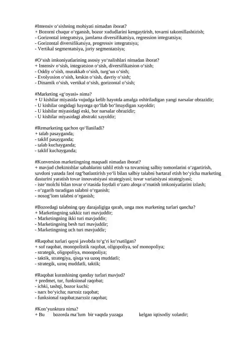 Marketingni boshqarish fanidan test savollari va javobolari 3