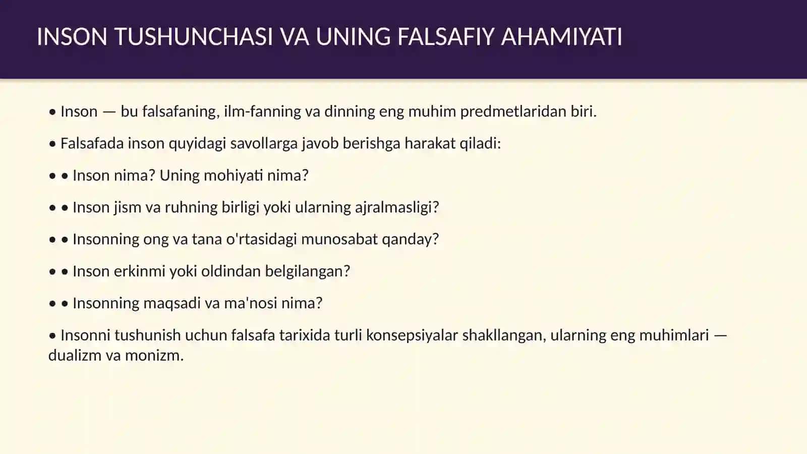 Insonni tushunishga dualizm va monizm nuqtayi nazaridan yondashuv 3
