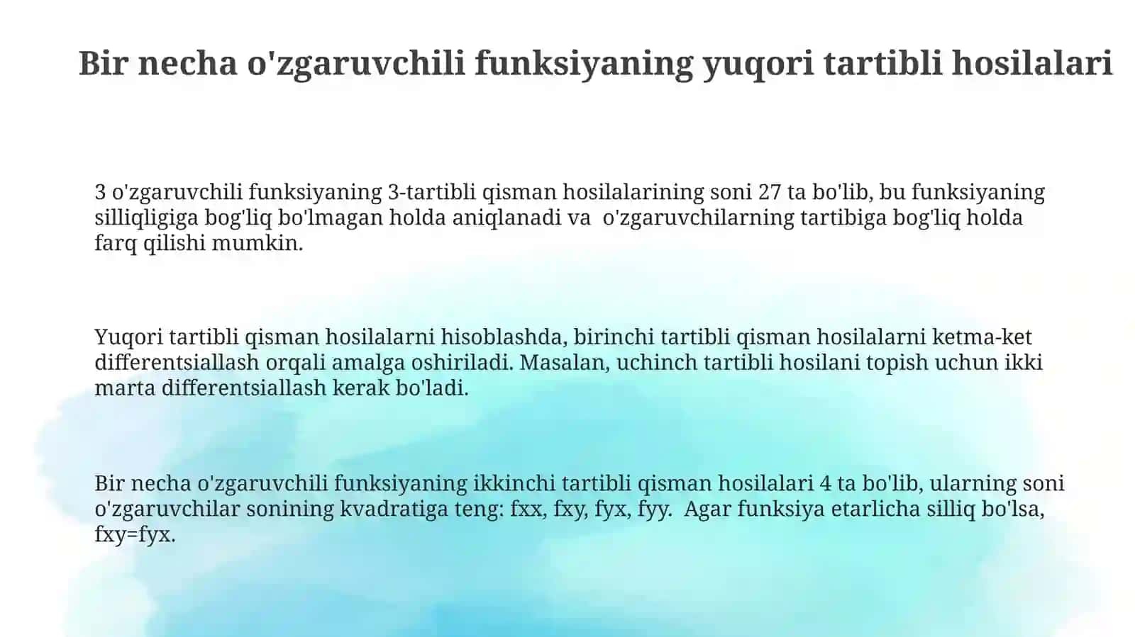Kòp òzgaruvchili funksiyaning yuqori tartibli hosila va differensiali.Teylor formulasi 3