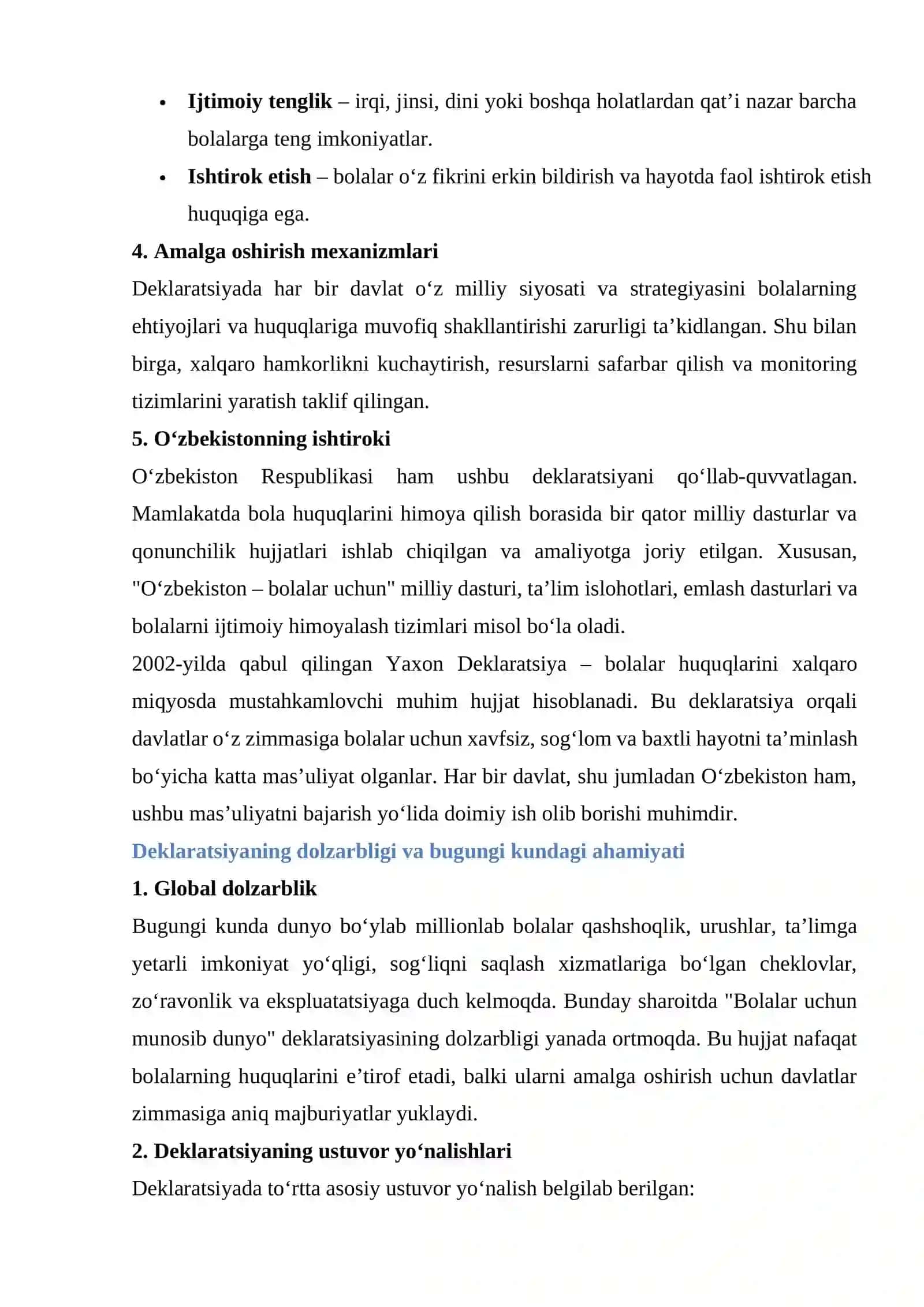 Bolalarni omon qolish, himoya qilish va rivojlantirish to‘g‘risidagi Yaxon Deklaratsiyasi 2002-yil Asosiy qoidalar. 3