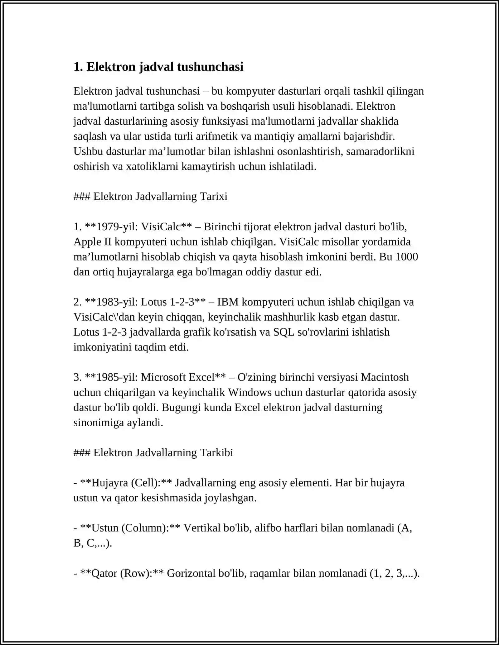ELEKTRON JADVALLARNING TASNIFI VA UNING SOHADA QO'LLANILISHINING AFZALLIKLARI 3