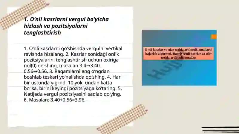Oʻnli kasrlar ustida arifmetik amallar (qoʻshish) 3