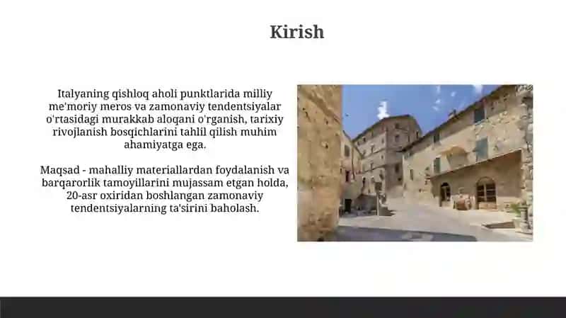 Italya qishloq aholi punktlarida milliy meʼmoriy meros va zamonaviy tendentsiyalar 3