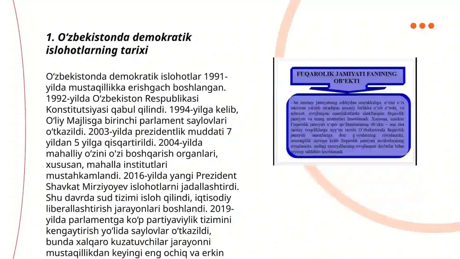 O‘zbekistonda demokratik, fuqorolik jamiyati asoslarining shakllanishi, amalga oshirilgan siyosiy islohotlar 3