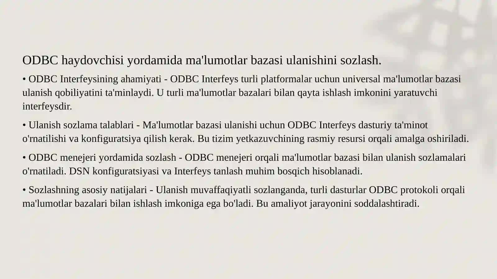 Ma‘lumotlar bazasiga murojatni tashkil etishda ODBC va turli dasturlardan foydalanish. 3