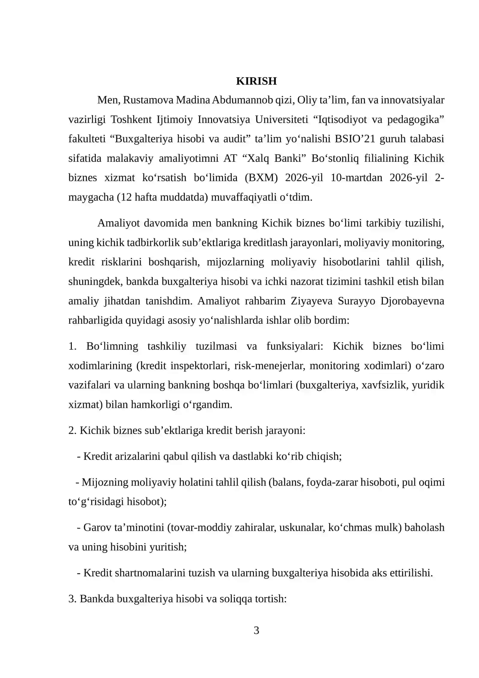 AT “Xalq Banki” Bo‘stonliq filiali. Amaliyot hisoboti 3