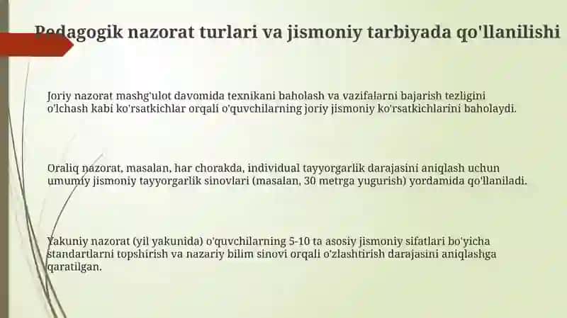 Pedagogik nazoratning turlari va jismoniy tarbiyada qoʻllanishi 3