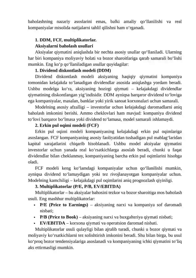 Aksiyalar qiymatini baholash usullari va ularning qoʻllanilishi boʻyicha amaliy misollar keltirish, tahliliy maqola 3