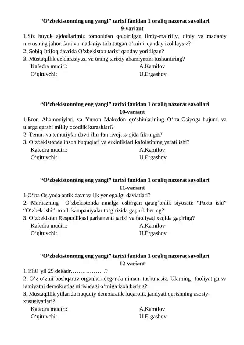 "O‘zbekistonning eng yangi" tarixi fanidan 1 oraliq nazorat savollari 3