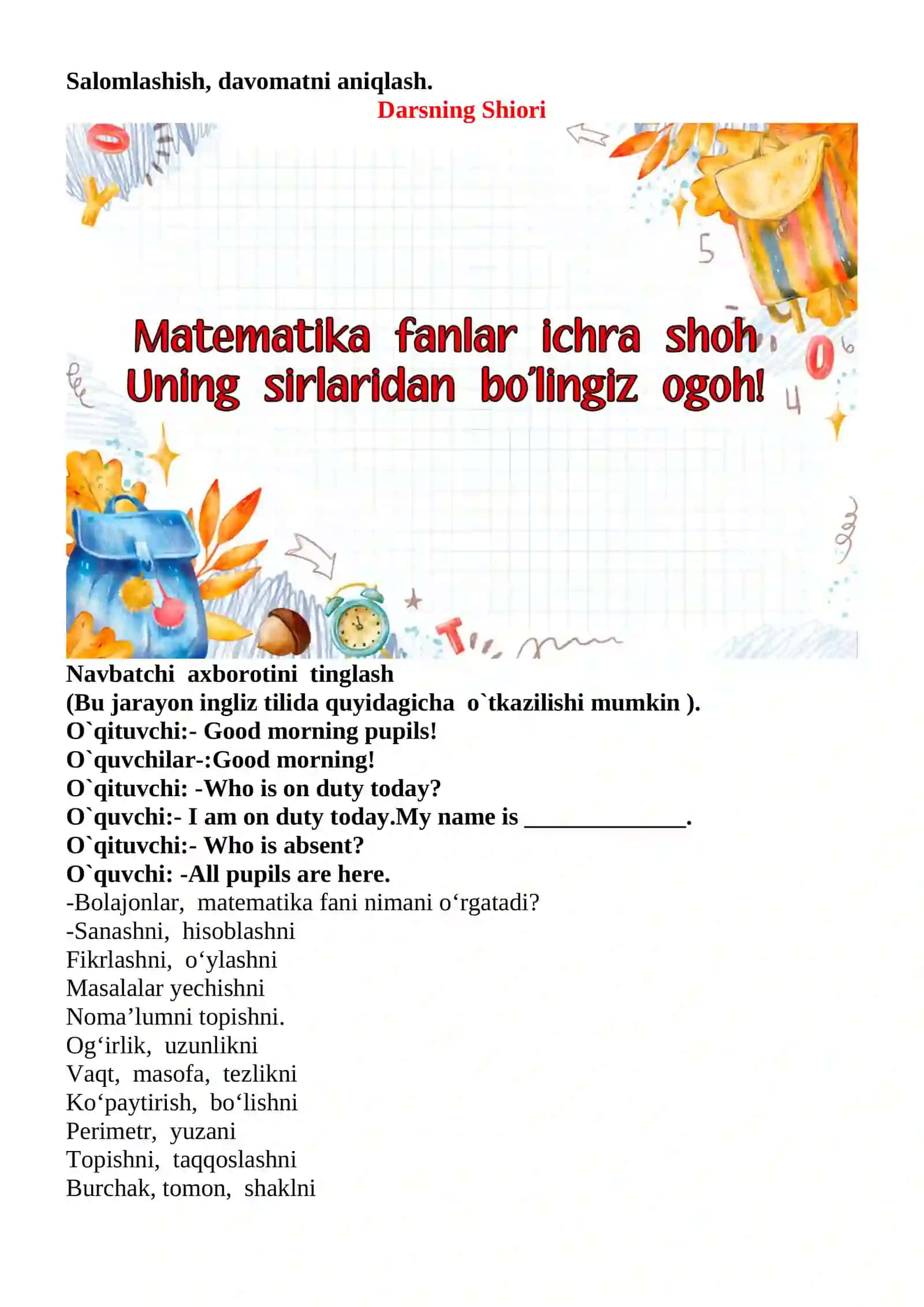 Masalalar yechish mavzusida 3-sinf Matematika fanidan dars ishlanmasi 3