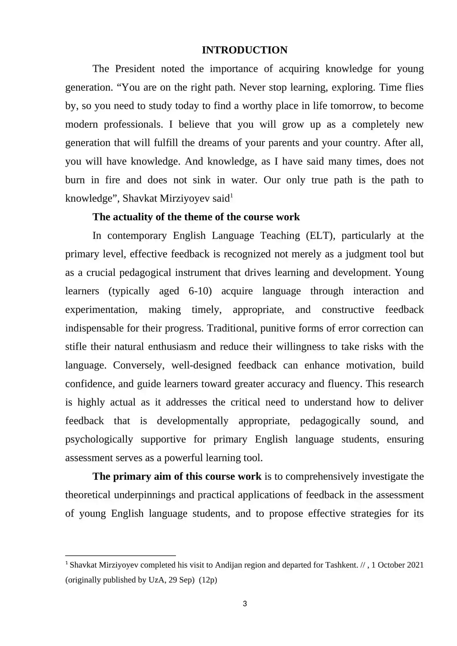 COURSE WORK: THE ROLE OF FEEDBACK IN THE ASSESSMENT OF YOUNG ENGLISH LANGUAGE STUDENTS 3