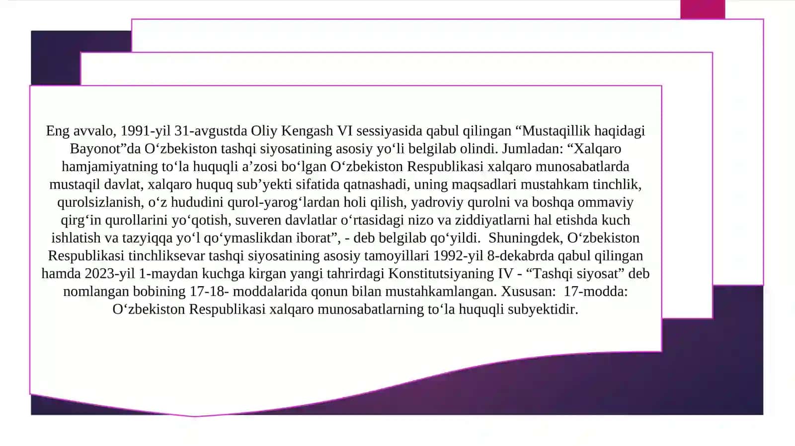 Oʻzbеkiston Rеsрublikаsi tаshqi siyosаtining аsosiy ustuvor tаmoyillаri. Yangi Oʻzbekistonning tinchliksevar tashqi siyosati. 3