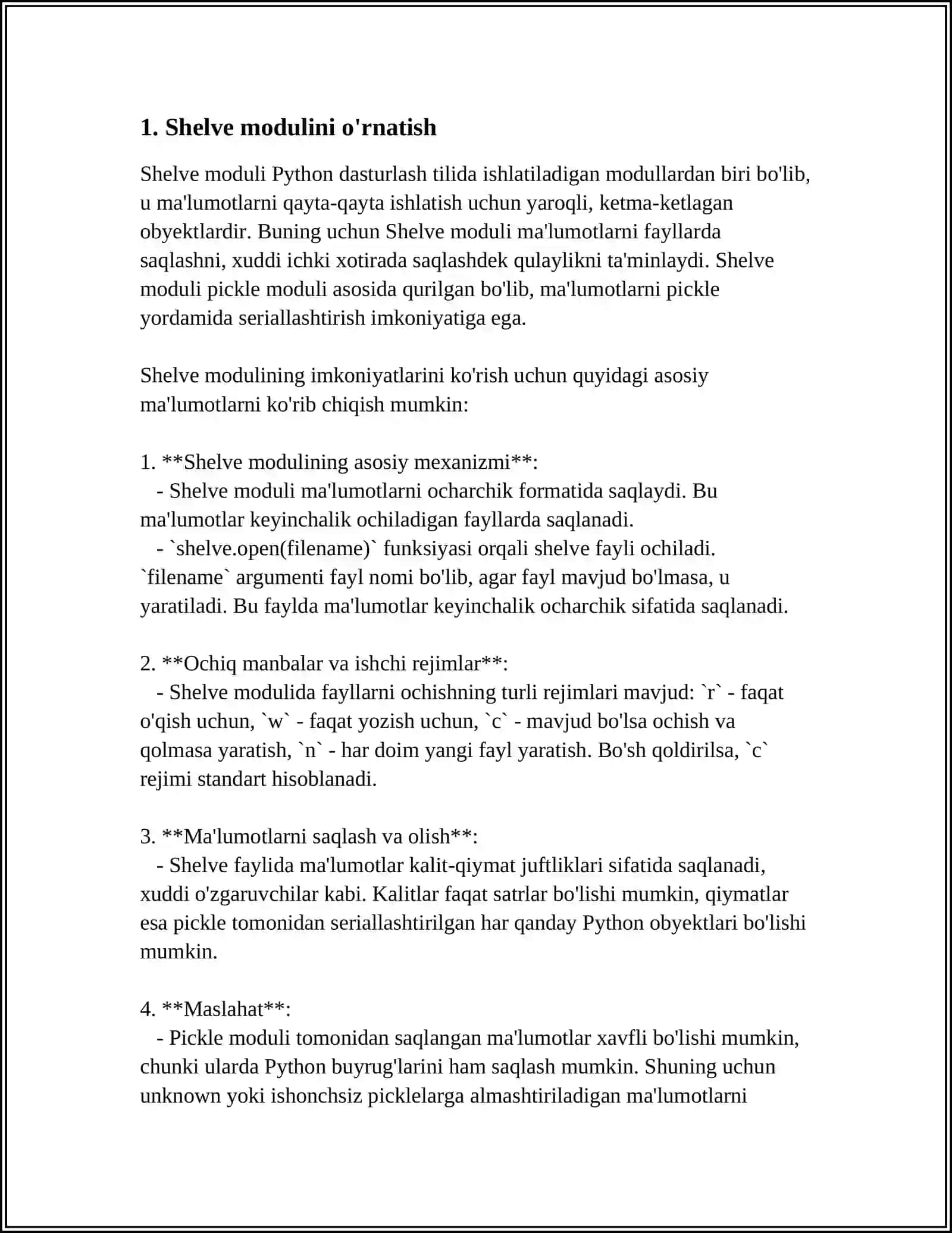 PYTHON DASTURLASH TILIDA SHELVE MODULI HAQIDA 3